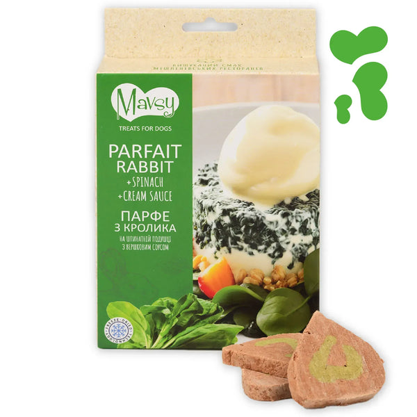 MAVSY Recompense pentru Caini, Parfe din carne de iepure pe  Pat de Spanac cu Sos Cremos, 50 g