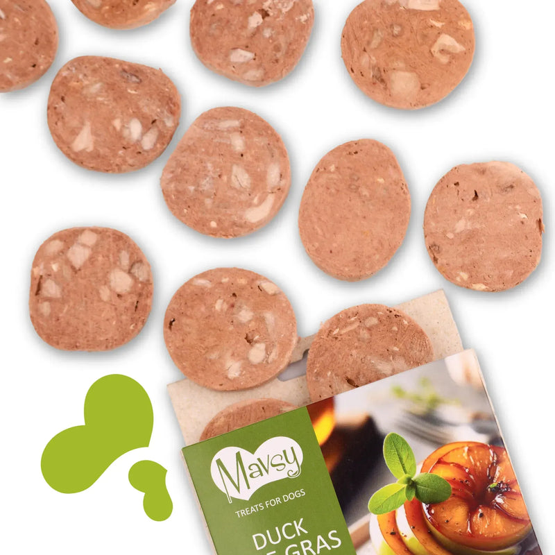 MAVSY Recompense pentru Caini, Foie Gras din Rata cu Mar Caramelizat, 50 g