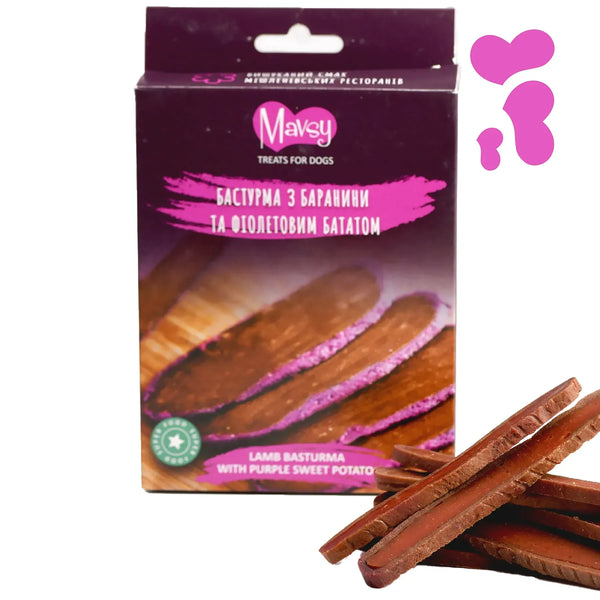 MAVSY Recompense pentru Caini, Basturma din Carne de Oaie si Cartof Violet, 100 g