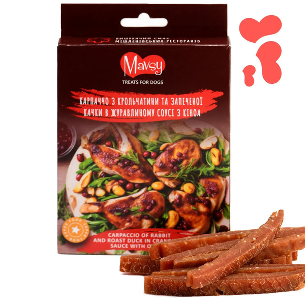 MAVSY Recompense pentru Caini, Carpaccio din Carne de Iepure si Rata Coapta in Sos de Merisoare, 100 g