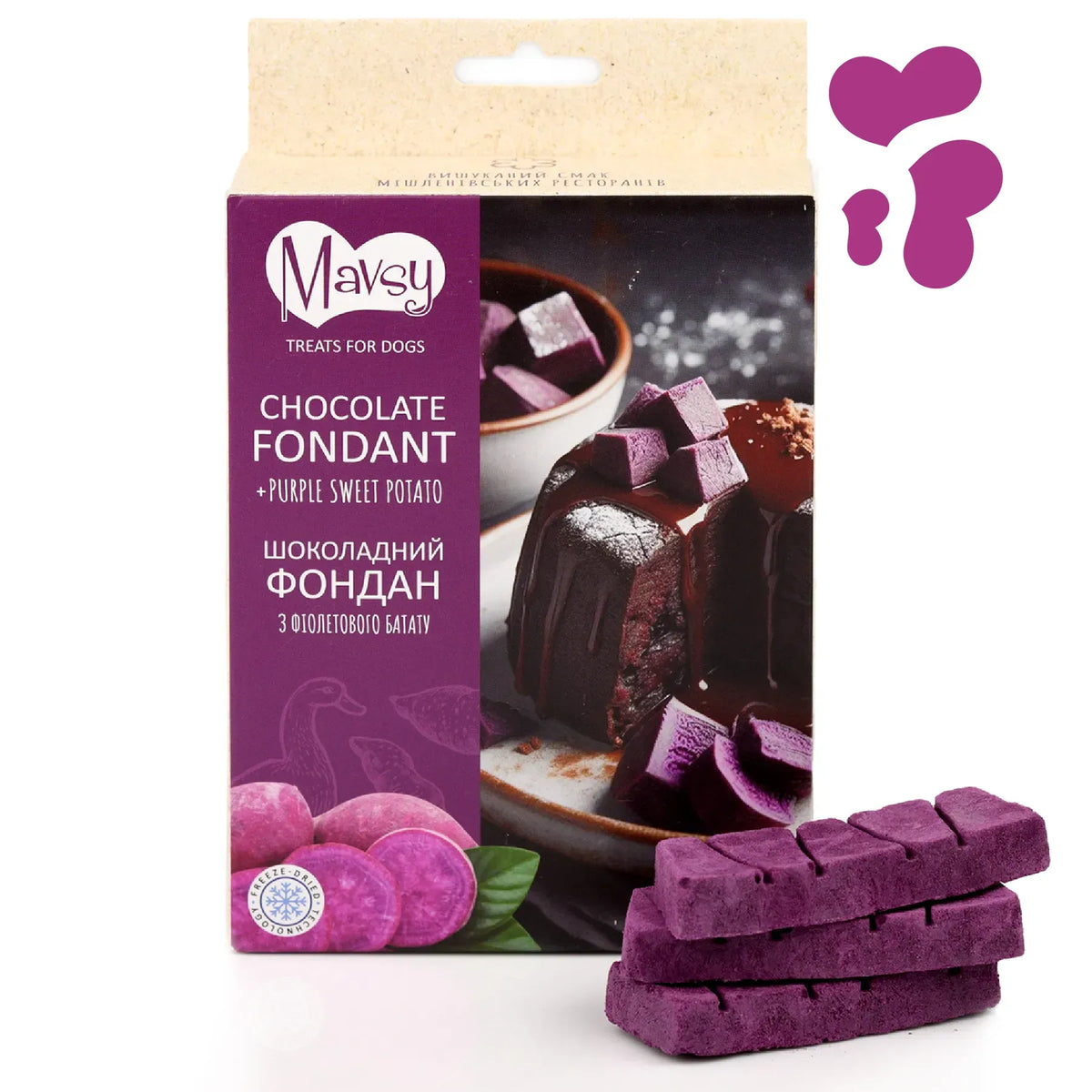 MAVSY Recompense pentru Caini, Fondant de Ciocolata cu Cartof Violet, 50 g