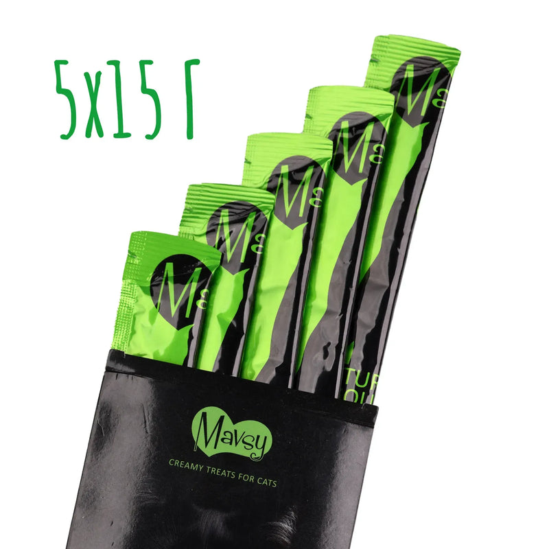 MAVSY Recompensa pentru Pisici, Gulas de Curcan pe Pat de Spanac cu Aloe, (5x15g) 75 g