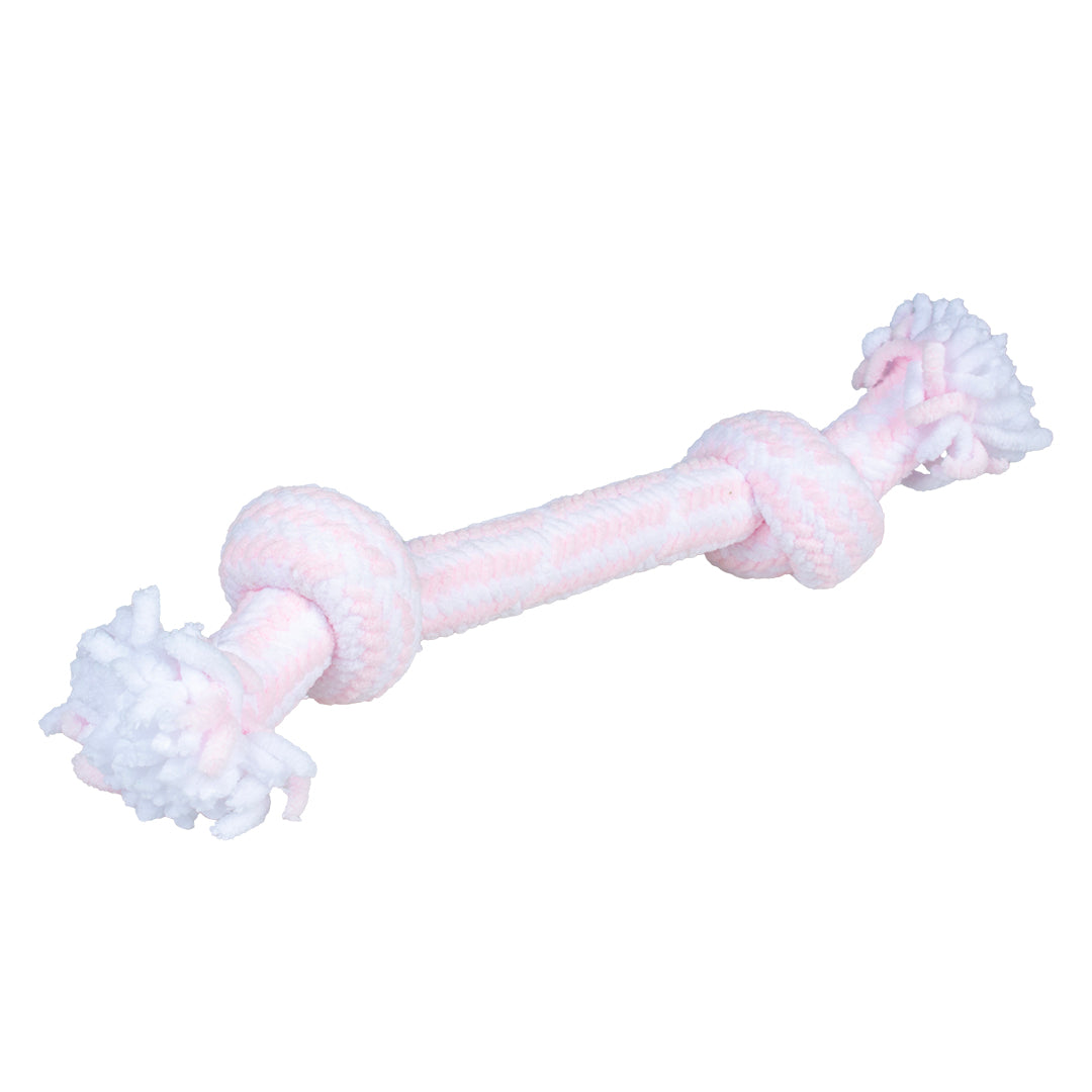 Jucarie sfoara pentru catei 2 noduri roz/alb 30x6x6 cm