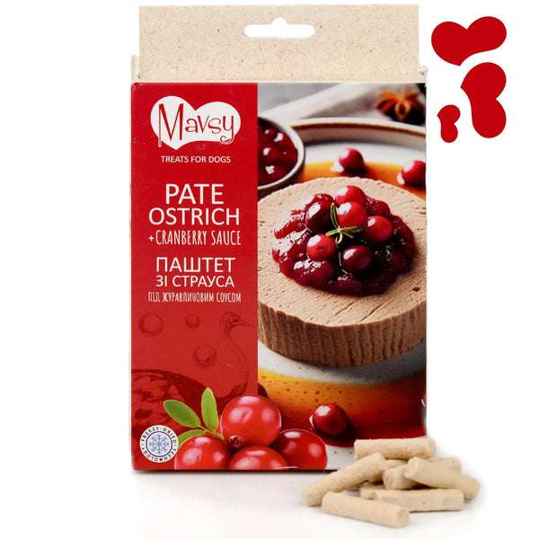 MAVSY Recompense pentru Caini, Pateu de Strut cu Sos de Merisoare, 50g