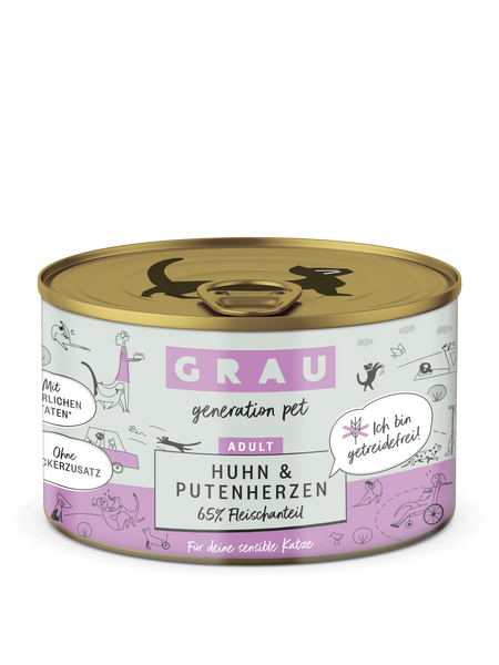 Grau Conserva pentru Pisici cu Carne de Pui si Inimi de Curcan 200 g