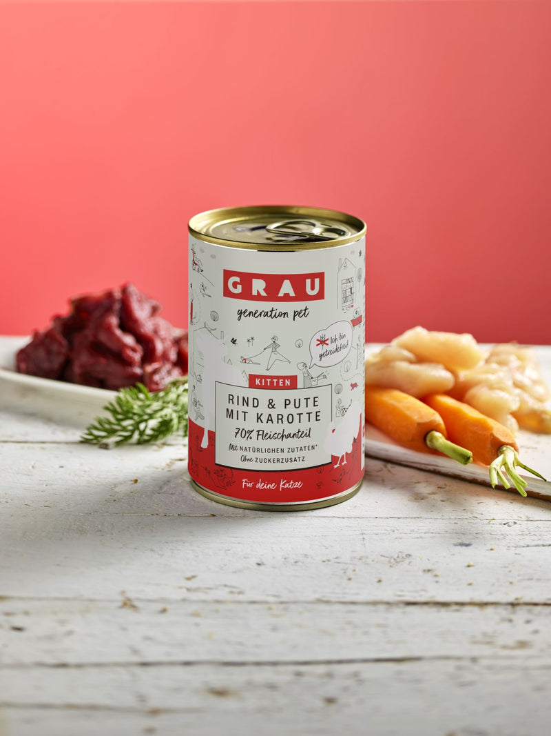 Grau Conserva pentru Pisoi cu Carne de Vita, Curcan si Morcov 200 g