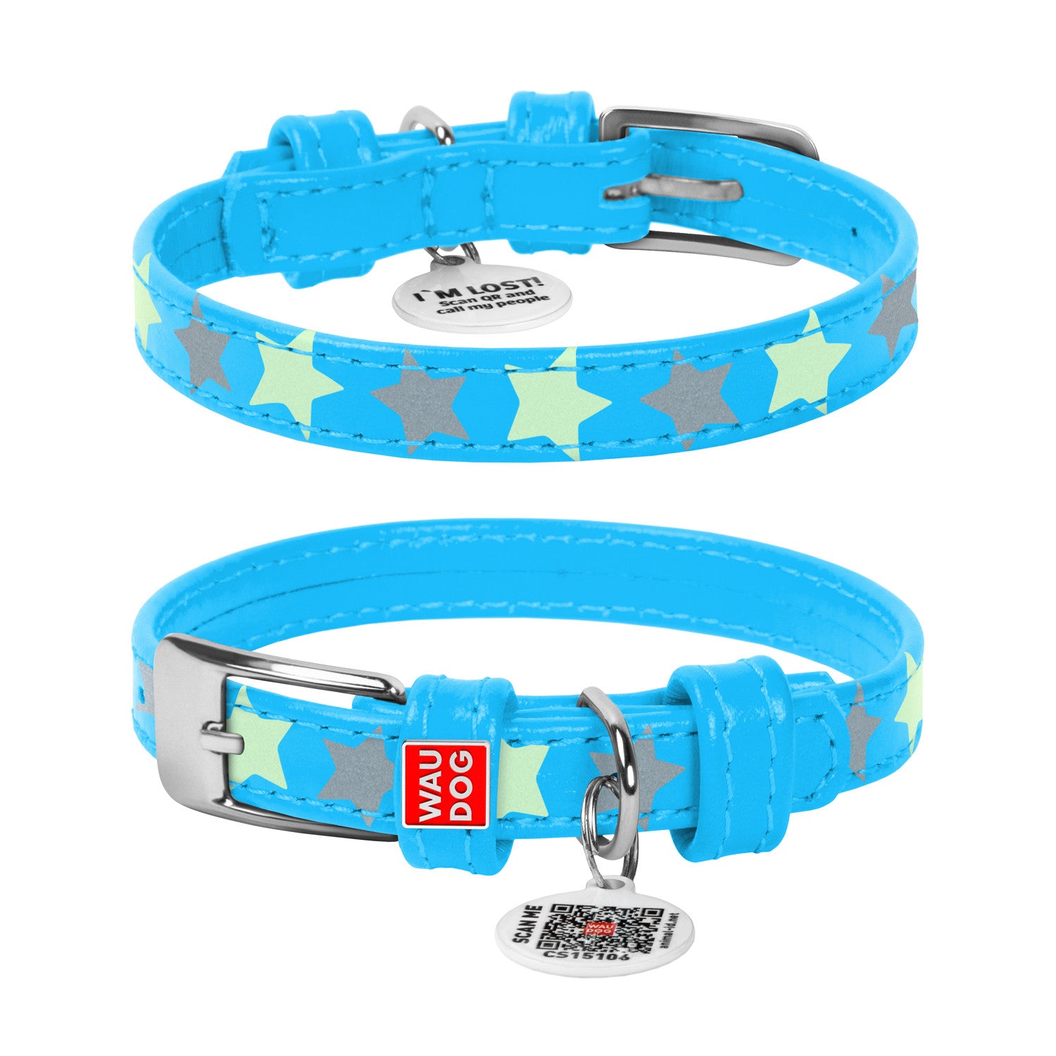 Zgarda piele pentru caini WAUDOG Glamour design Stele - Albastru