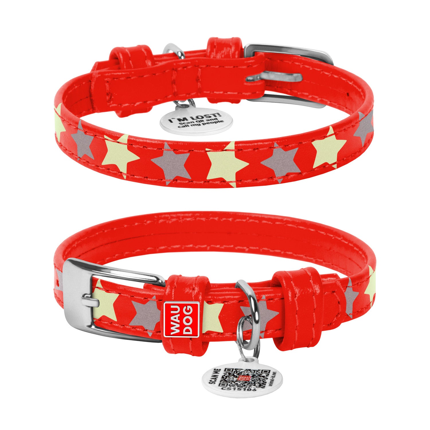 Zgarda piele pentru caini WAUDOG Glamour design Stele - Rosu