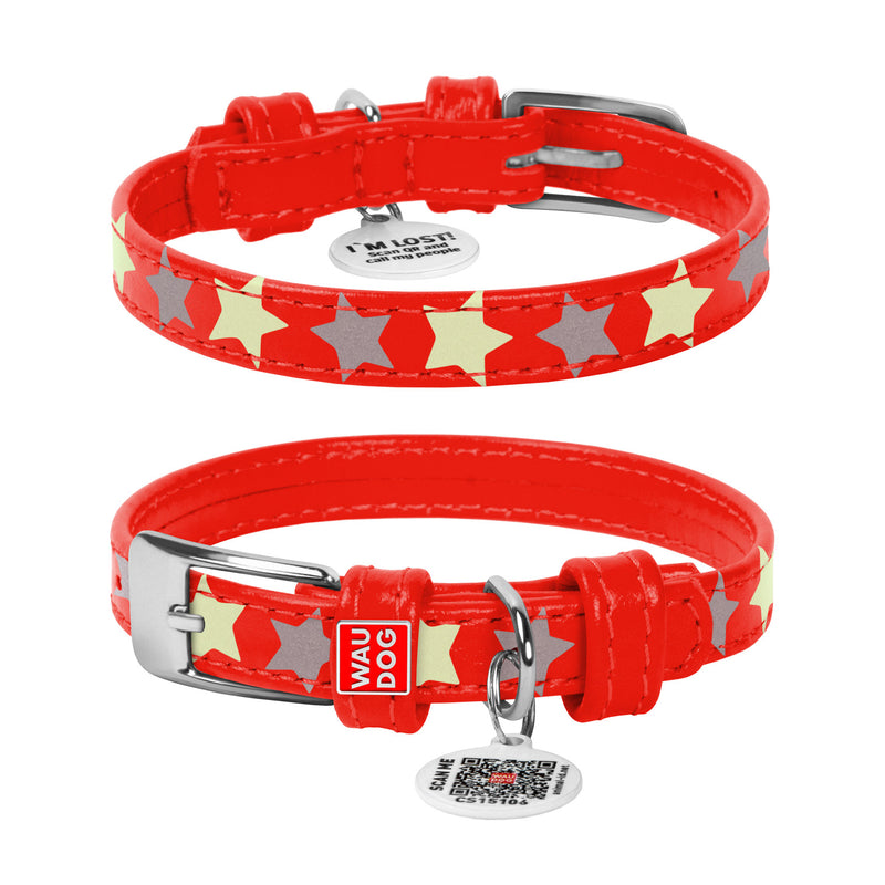 Zgarda piele pentru caini WAUDOG Glamour design Stele - Rosu