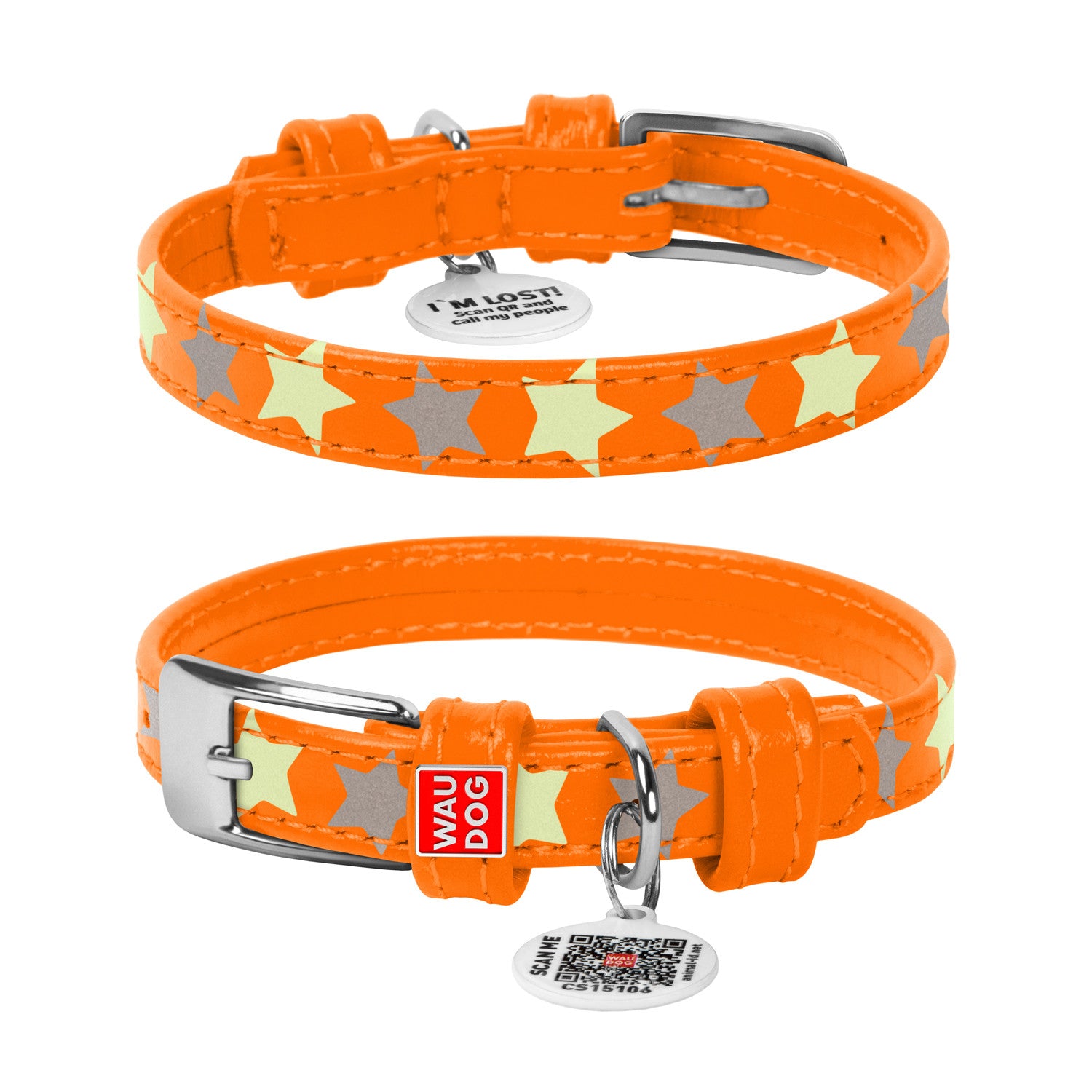 Zgarda piele pentru caini WAUDOG Glamour design Stele - Portocaliu