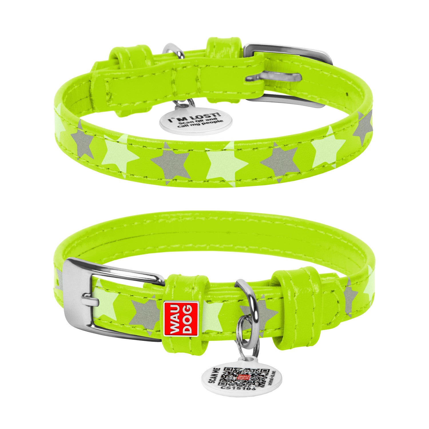 Zgarda piele pentru caini WAUDOG Glamour design Stele - Lime