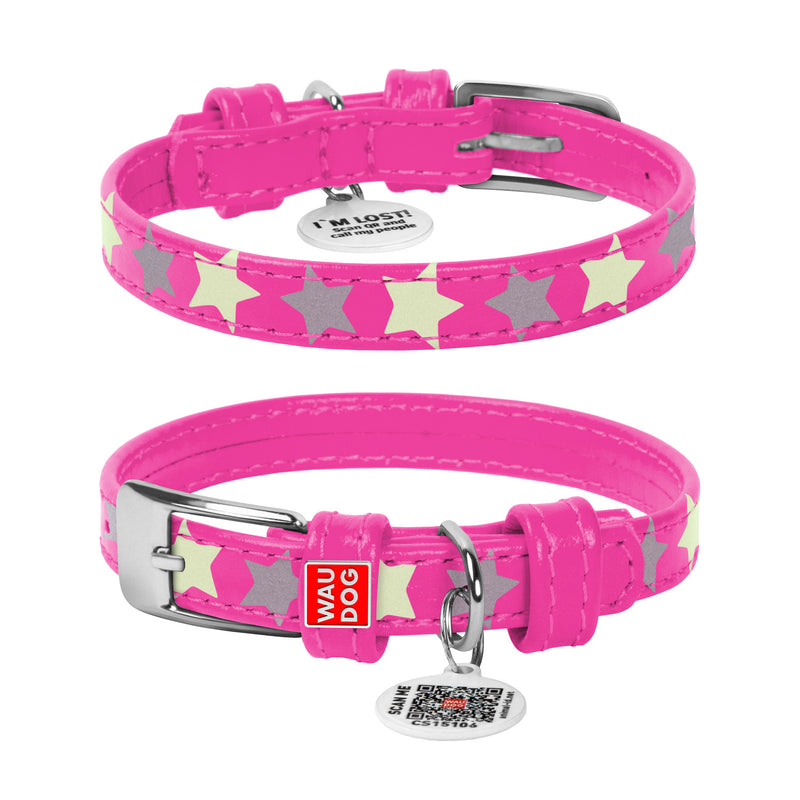 Zgarda piele pentru caini WAUDOG Glamour design Stele - Roz