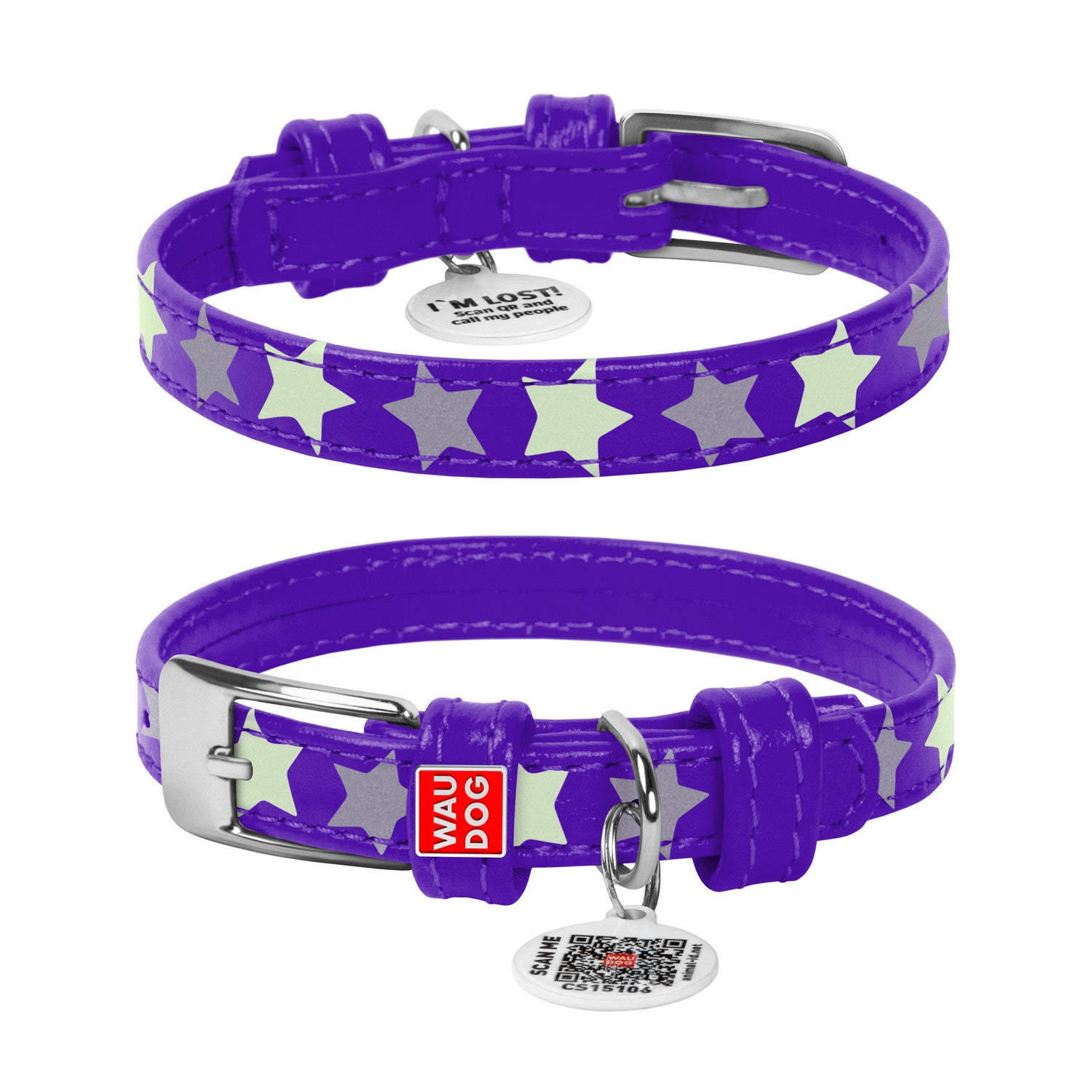 Zgarda piele pentru caini WAUDOG Glamour design Stele - Mov