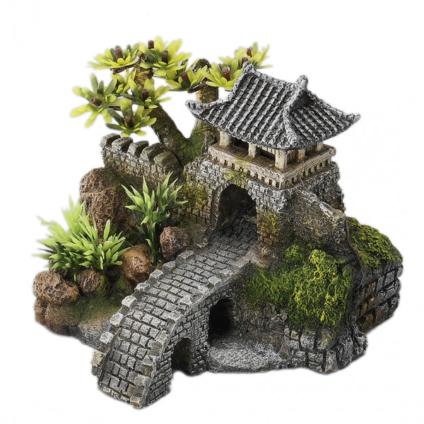 Decoratiune Acvariu - Poarta cu pod si plante 15,7x13,5x11,5CM