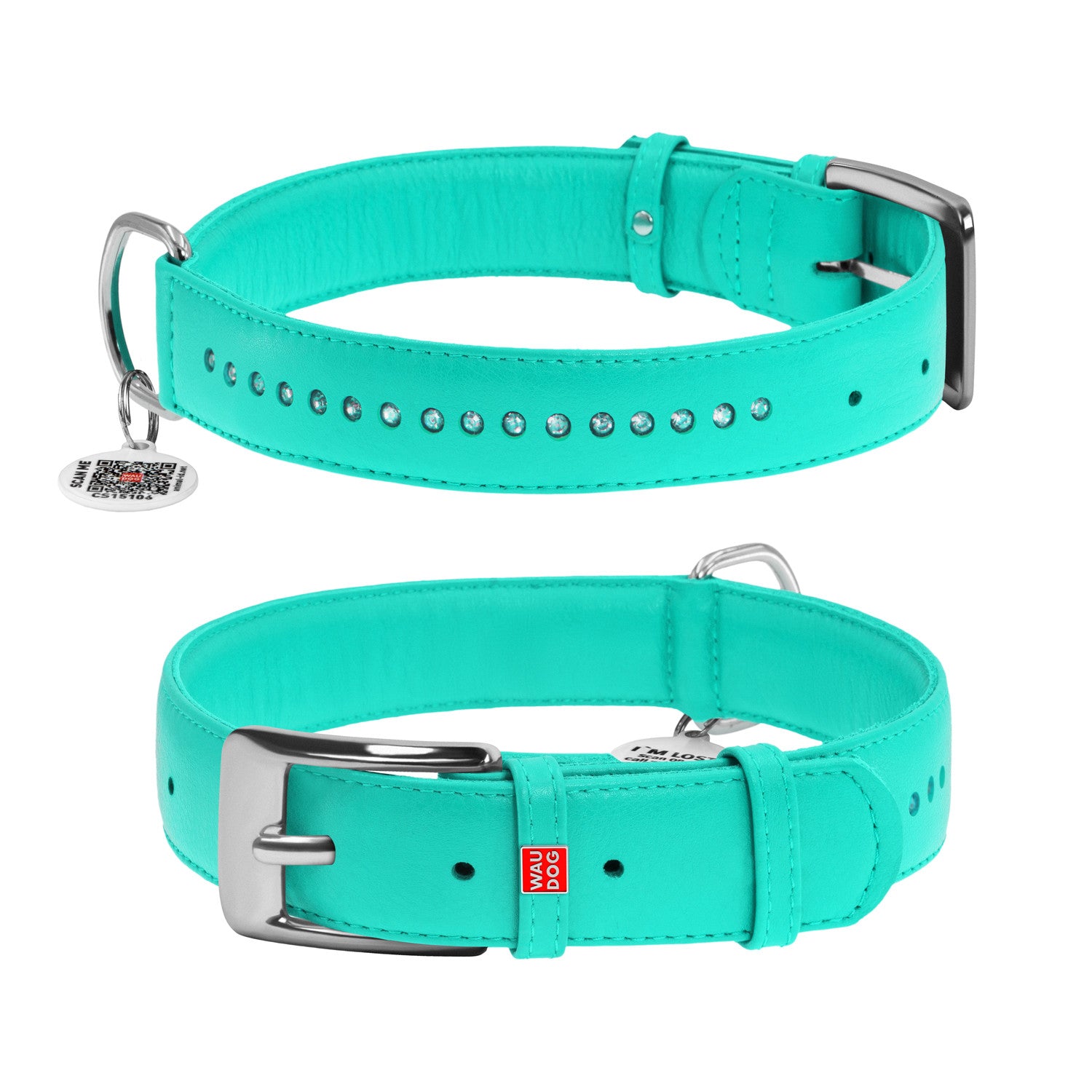 Zgarda piele pentru caini WAUDOG Glamour cu pietricele - Turquoise