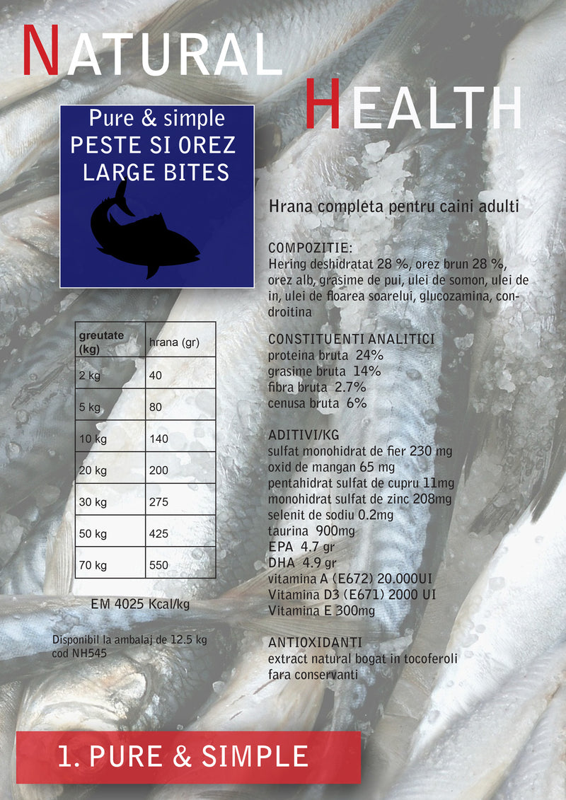 Hrana Premium Caini Adulti - Natural Health Peste si Orez Adult Talie mare 12,5kg - Cluj