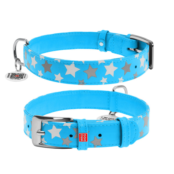 Zgarda piele pentru caini WAUDOG Glamour design Stele - Albastru
