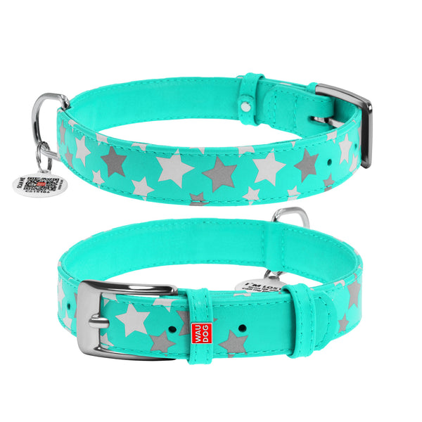 Zgarda piele pentru caini WAUDOG Glamour design Stele - Turquoise