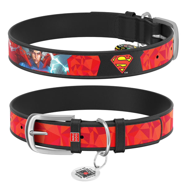 Zgarda piele pentru caini WAUDOG Design Superman1 Negru+ QR Tag