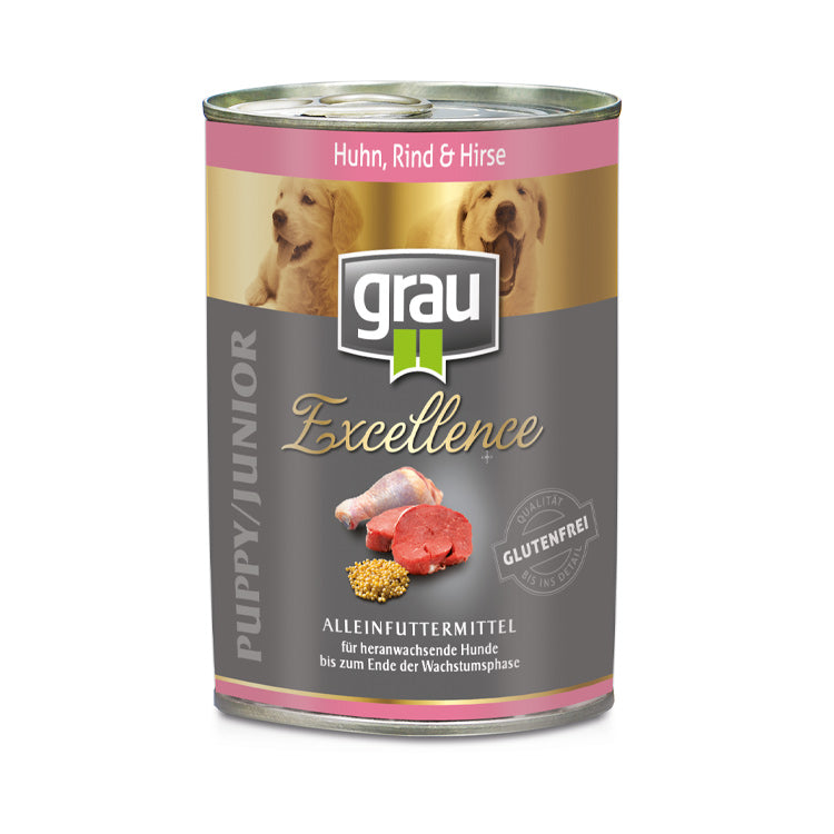 Grau Excellence Conserva pentru Caini Puppy / Junior cu Pui, Vita si Mei