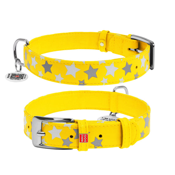 Zgarda piele pentru caini WAUDOG Glamour design Stele - Galben