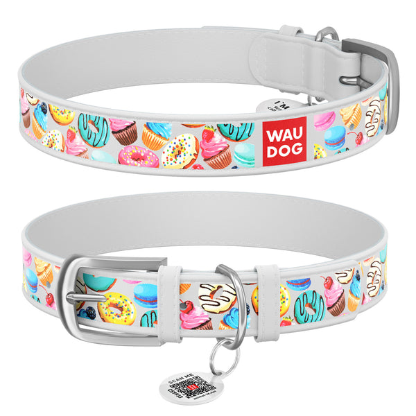 Zgarda piele pentru caini WAUDOG Design Donuts Alb + QR Tag