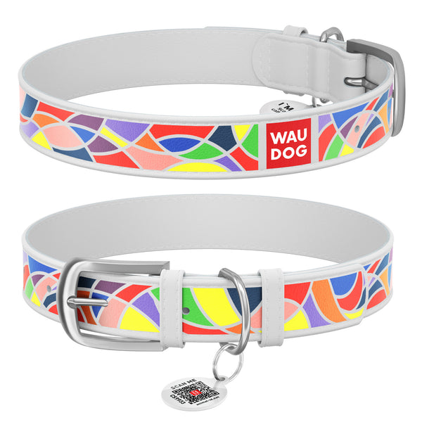 Zgarda piele pentru caini WAUDOG Design Vitrage Alb + QR Tag