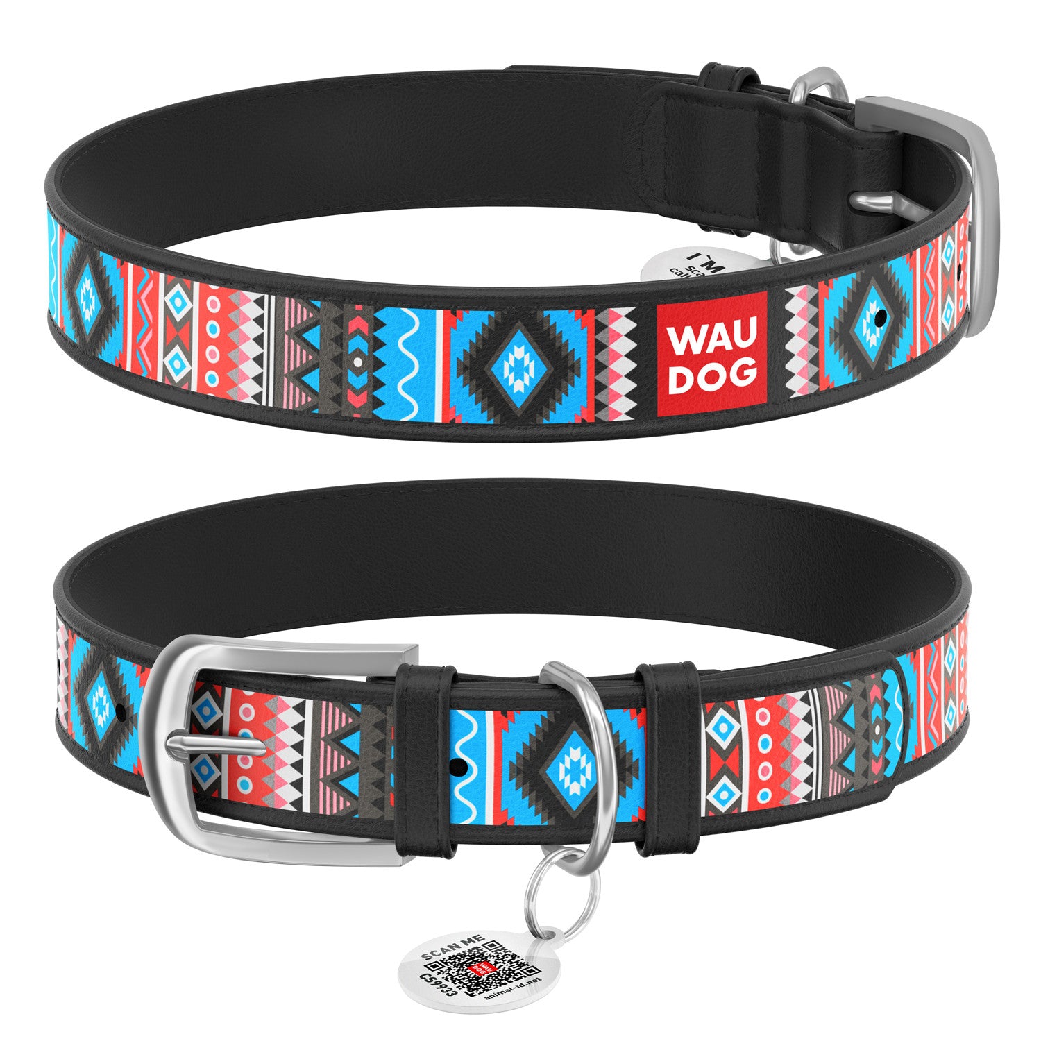 Zgarda piele pentru caini WAUDOG Design Ethno Negru+ QR Tag