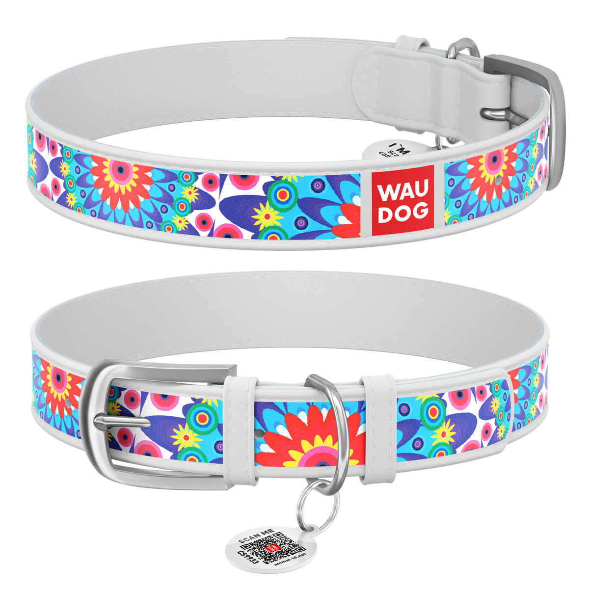 Zgarda piele pentru caini WAUDOG Design Flowers Alb+ QR Tag