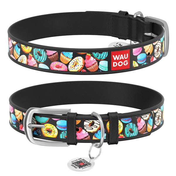 Zgarda piele pentru caini WAUDOG Design Donuts Negru + QR Tag