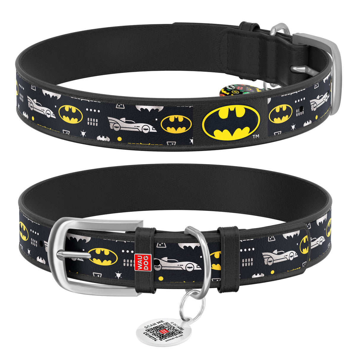 Zgarda piele pentru caini WAUDOG Design Batman3 Negru+ QR Tag