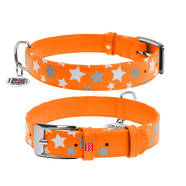 Zgarda piele pentru caini WAUDOG Glamour design Stele - Portocaliu
