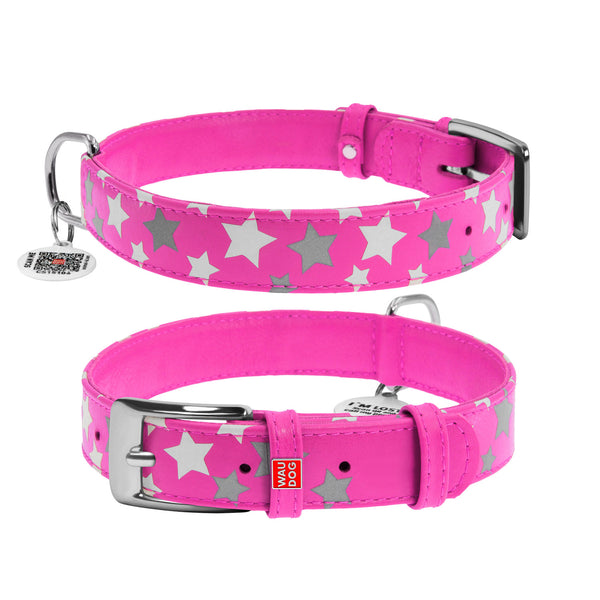 Zgarda piele pentru caini WAUDOG Glamour design Stele - Roz