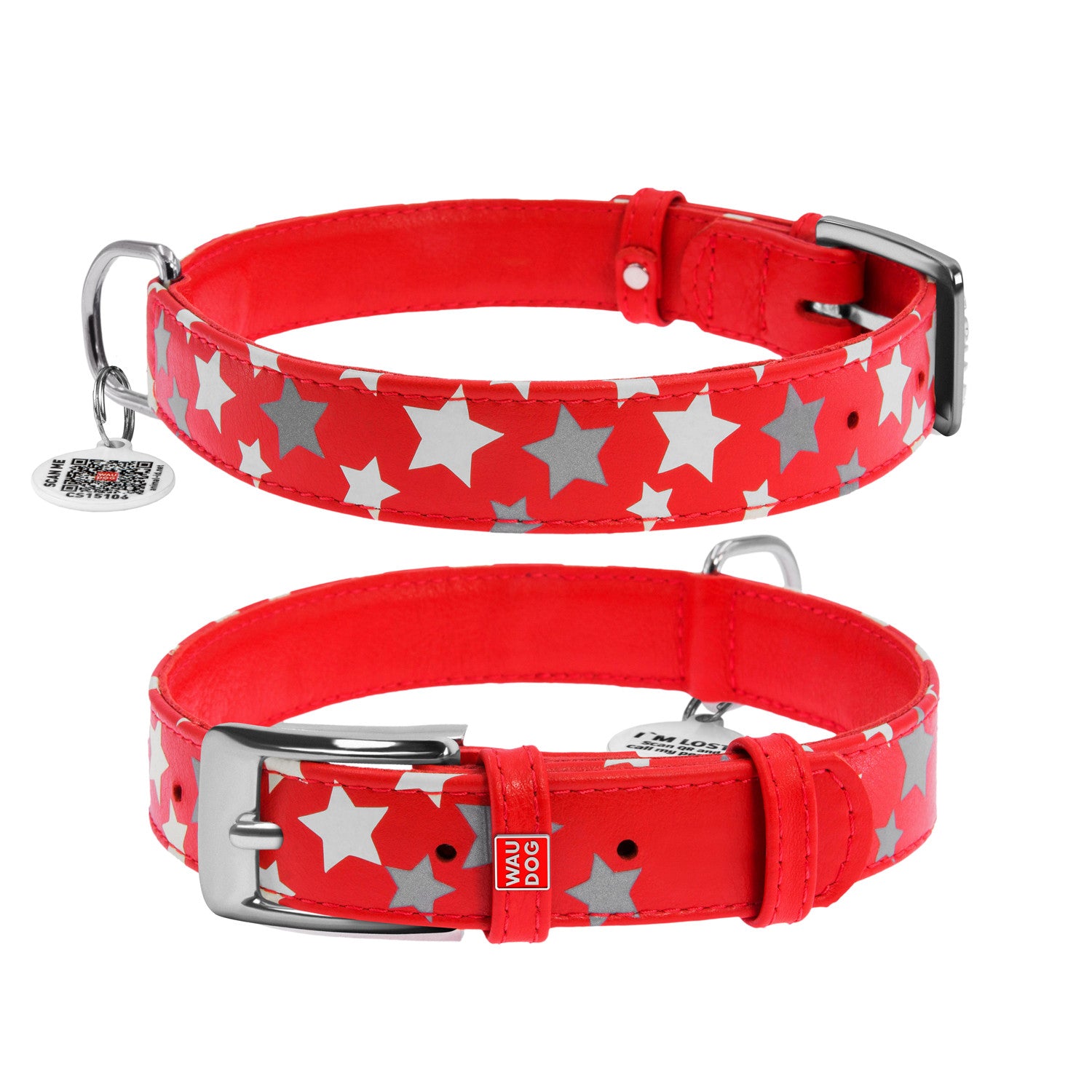 Zgarda piele pentru caini WAUDOG Glamour design Stele - Rosu