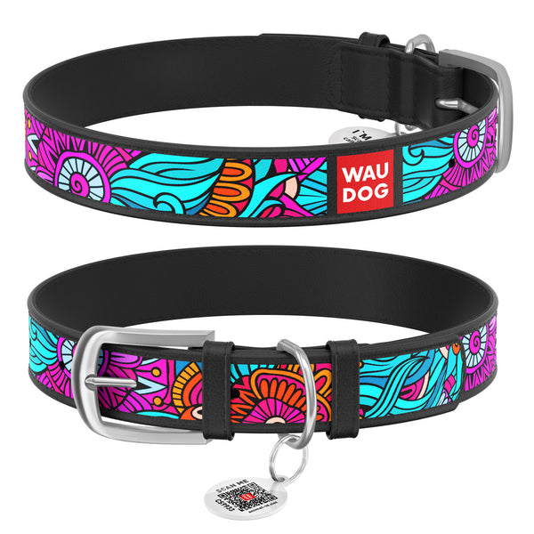 Zgarda piele WAUDOG pentru caini Design Summer Negru + QR Tag