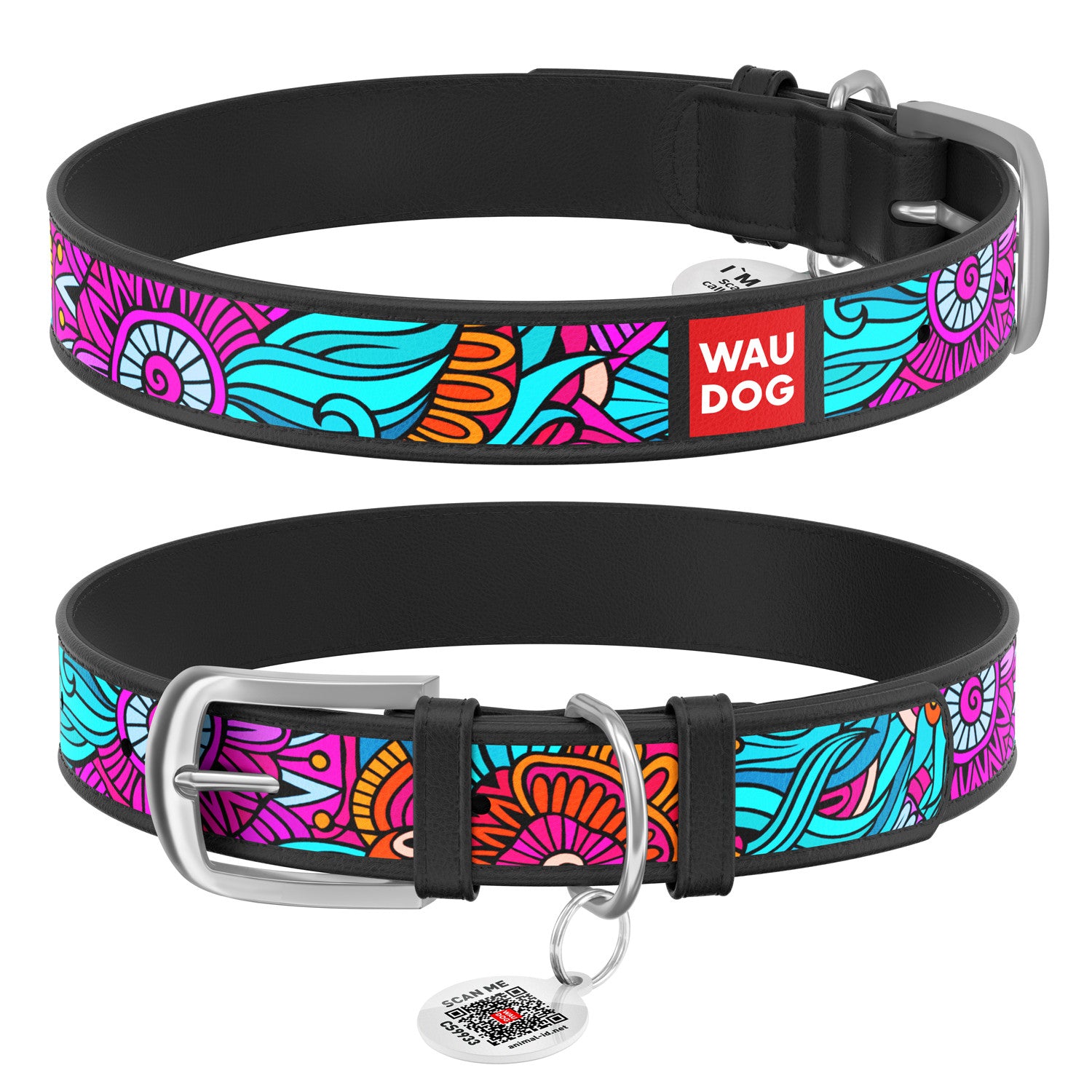Zgarda piele WAUDOG pentru caini Design Summer Negru + QR Tag